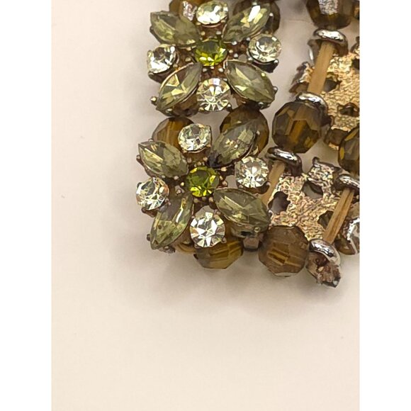 Vintage Rhinestone & Bead Flex Bracelet Gold-Tone Green/Brown Floral Design - Picture 3 of 7